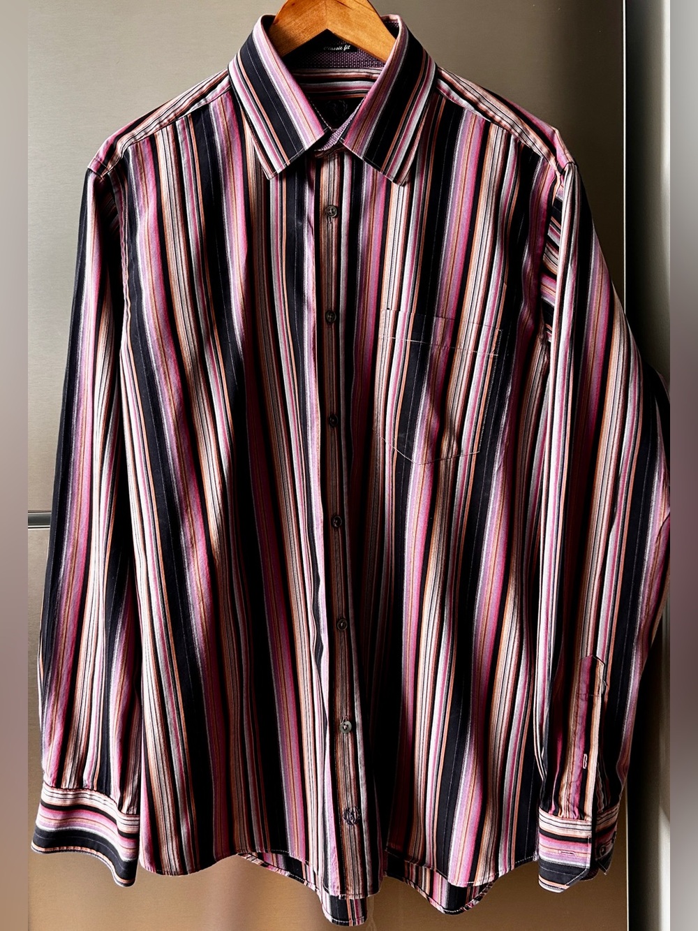 Bugatchi Uomo Large Striped Cotton Shirt Pink Black Purple Classic Fit